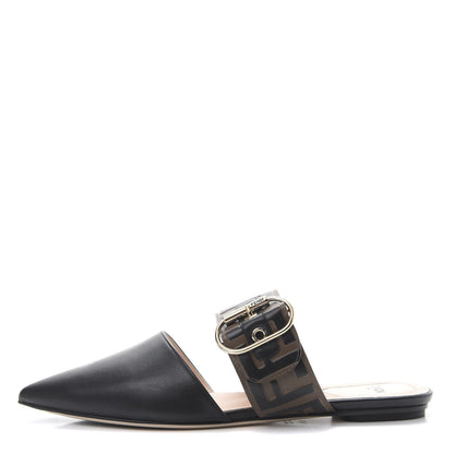 Fendi Vitello FF Embossed Buckle Flat Mules 36.5 Maya Black 1 of 9