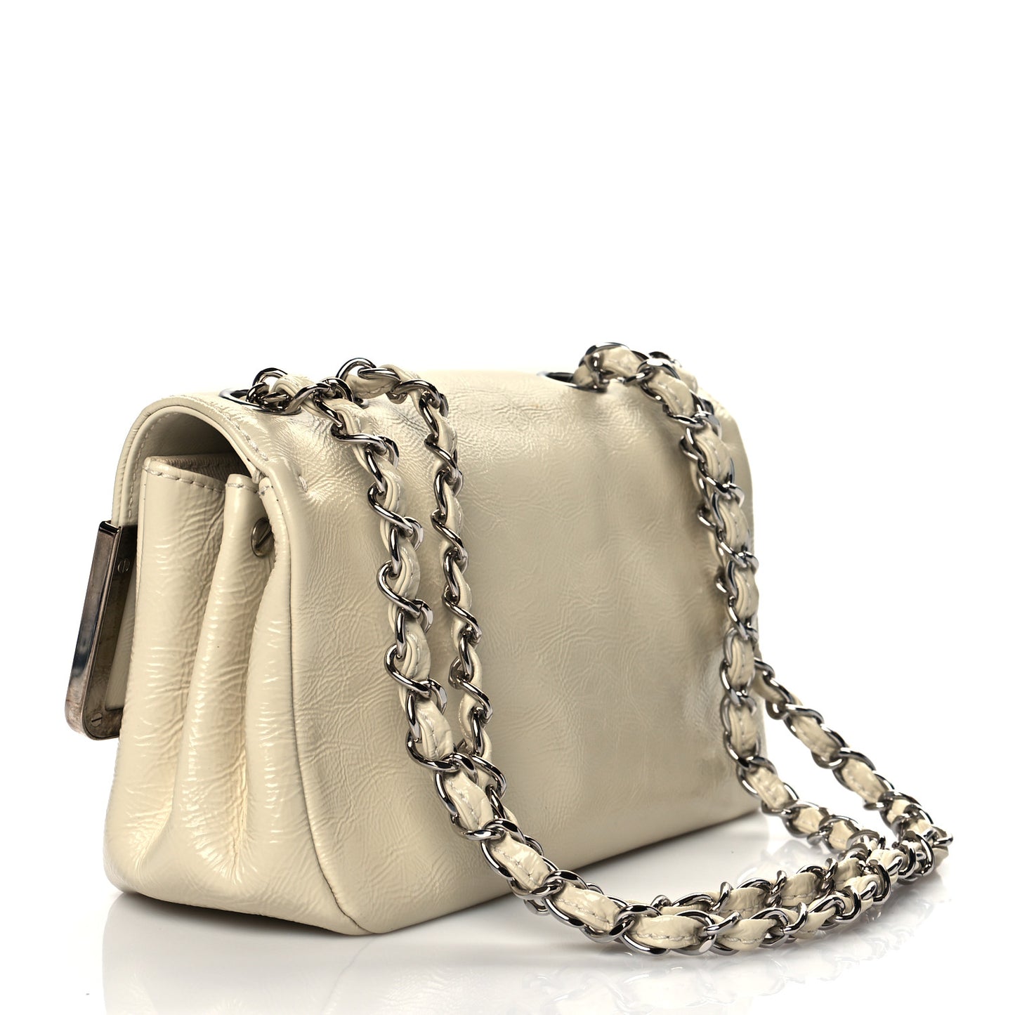 Distressed Patent Calfskin Small Frame Single Flap White