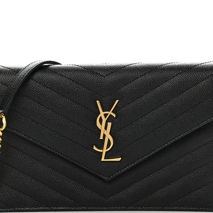 Saint Laurent Grain De Poudre Matelasse Chevron Monogram Envelope Chain Wallet Black 8 of 11
