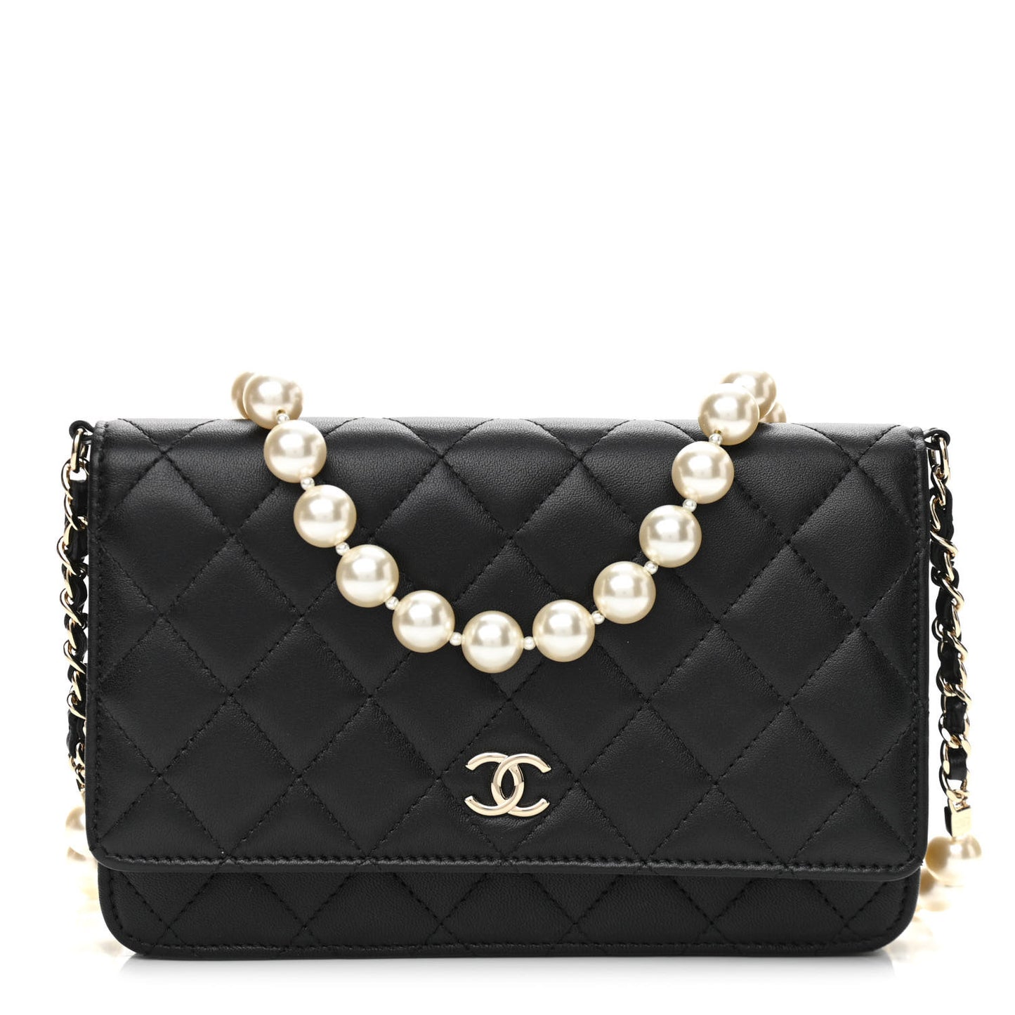 Lambskin Quilted Pearl Wallet On Chain WOC Black