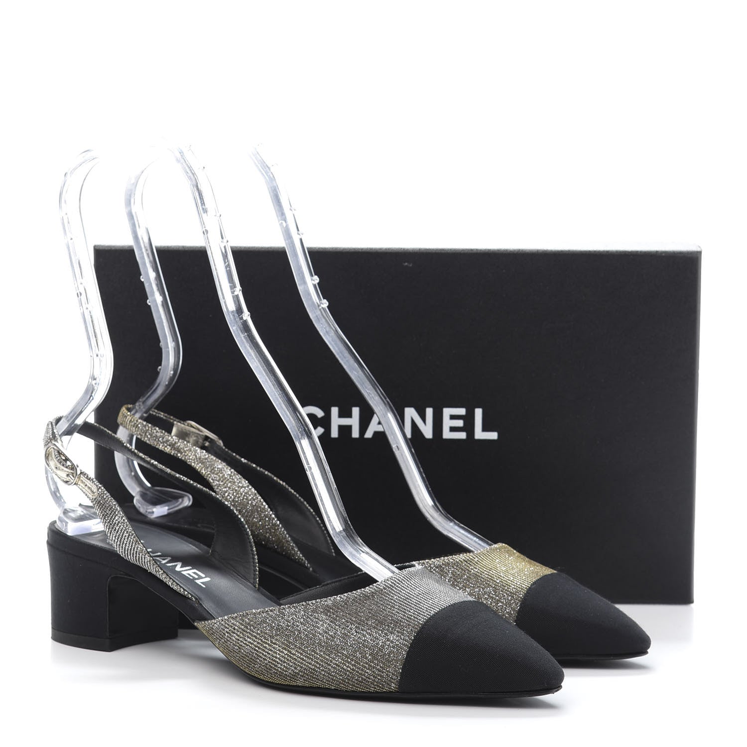 Chanel Glitter Grosgrain Cap Toe CC Slingback Pumps 40 Silver Black 10 of 10