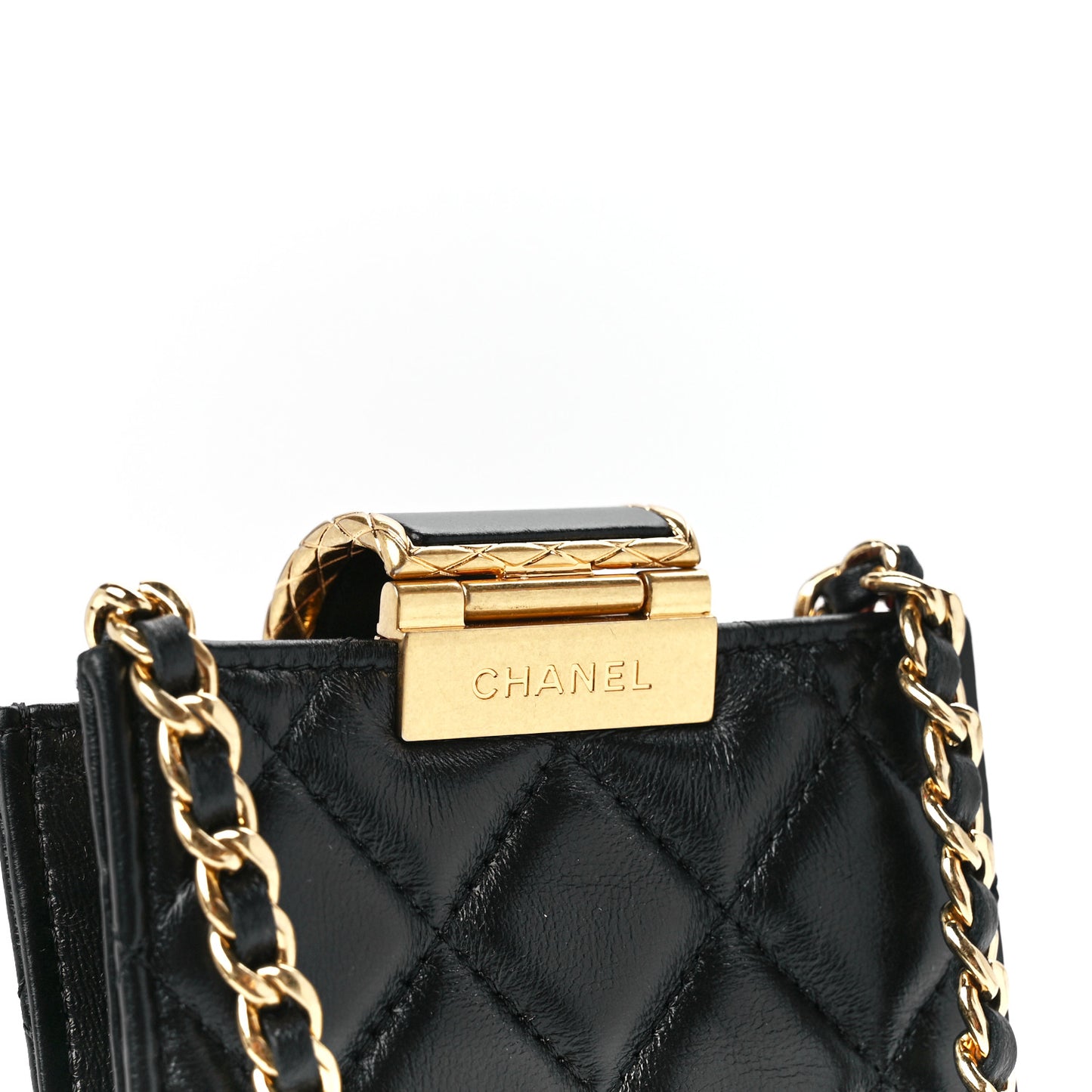 Lambskin Quilted Phone Holder With Chain Black