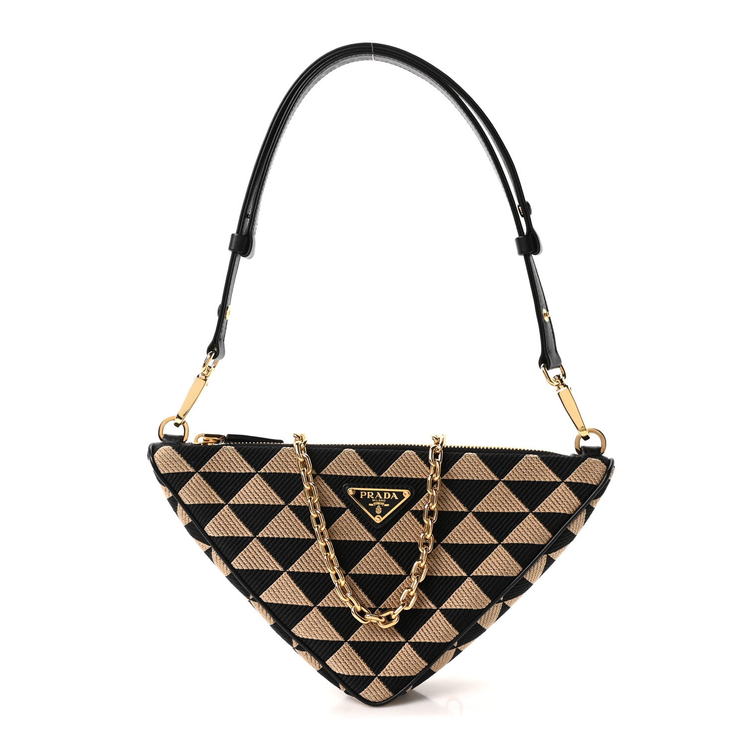 Prada Jacquard Calfskin Triangolo Symbole Embroidered Mini Triangle Double Bag Black Corda 1 of 16
