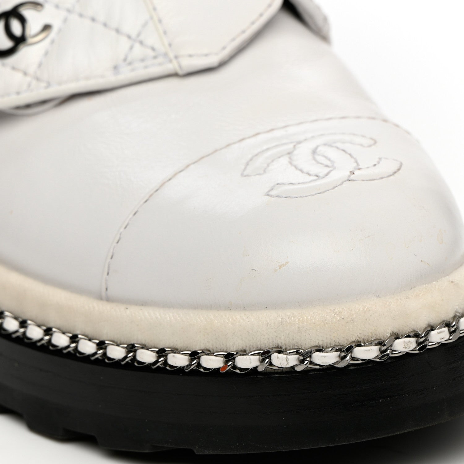 Chanel Crackled Calfskin Pearl Chain CC Combat Short Boots 37 White 10 of 13