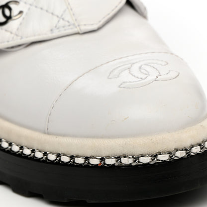 Chanel Crackled Calfskin Pearl Chain CC Combat Short Boots 37 White 10 of 13