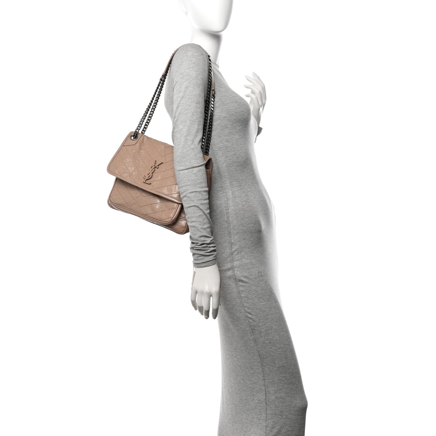 Crinkled Calfskin Matelasse Monogram Medium Niki Chain Satchel Light Taupe