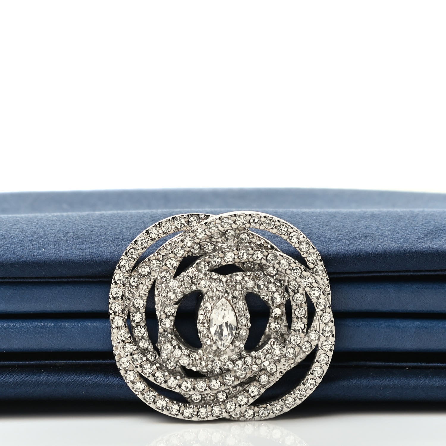 Chanel Satin Crystal Camellia Evening Frame Clutch Dark Navy Blue 7 of 8