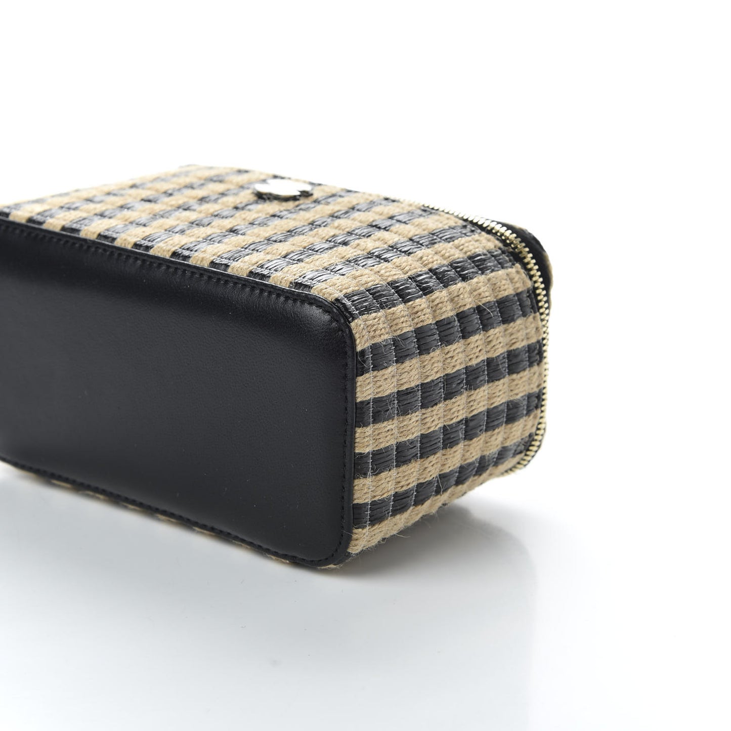 Raffia Jute Striped Small Vanity Case With Chain Black Beige