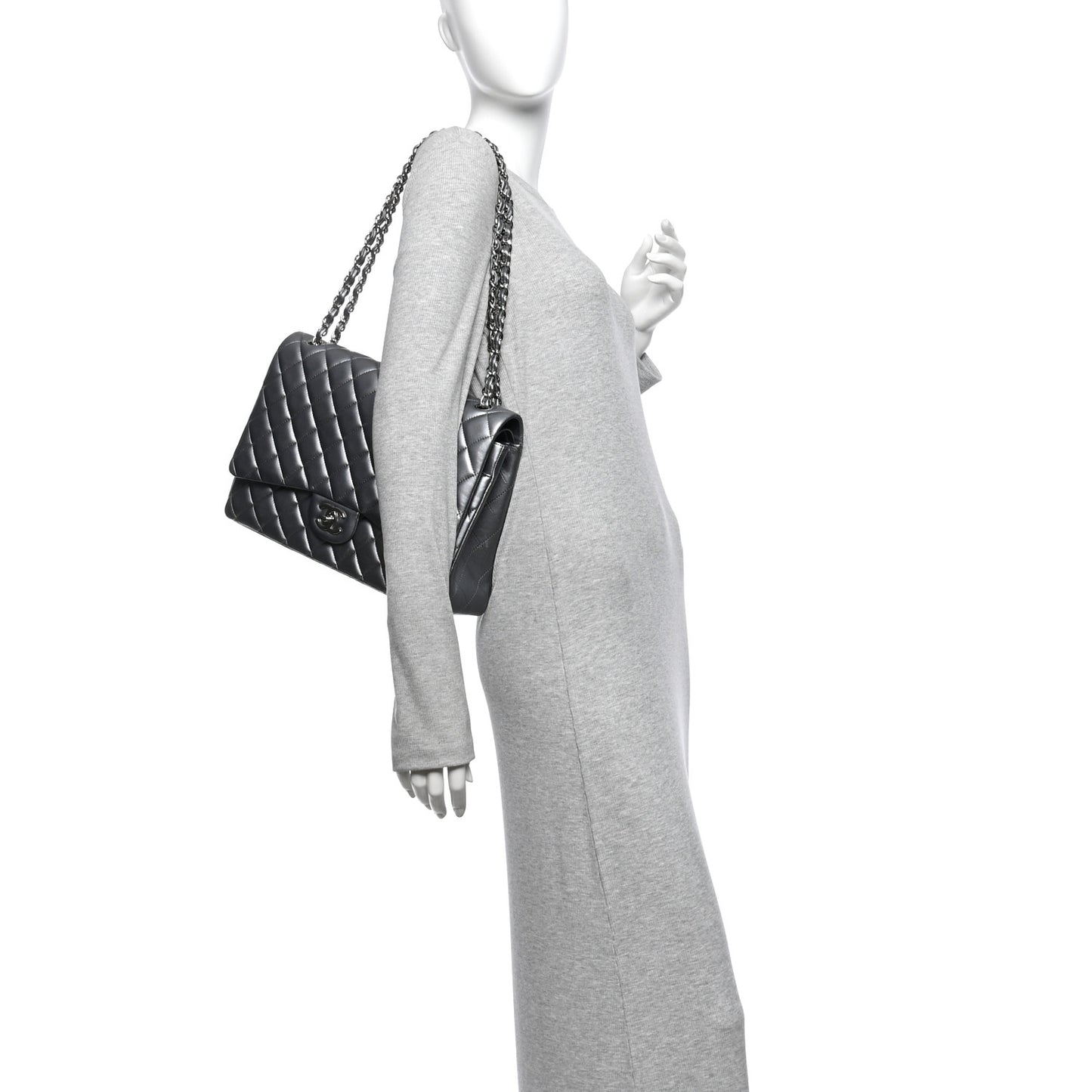 Metallic Lambskin Quilted Maxi Double Flap Pewter