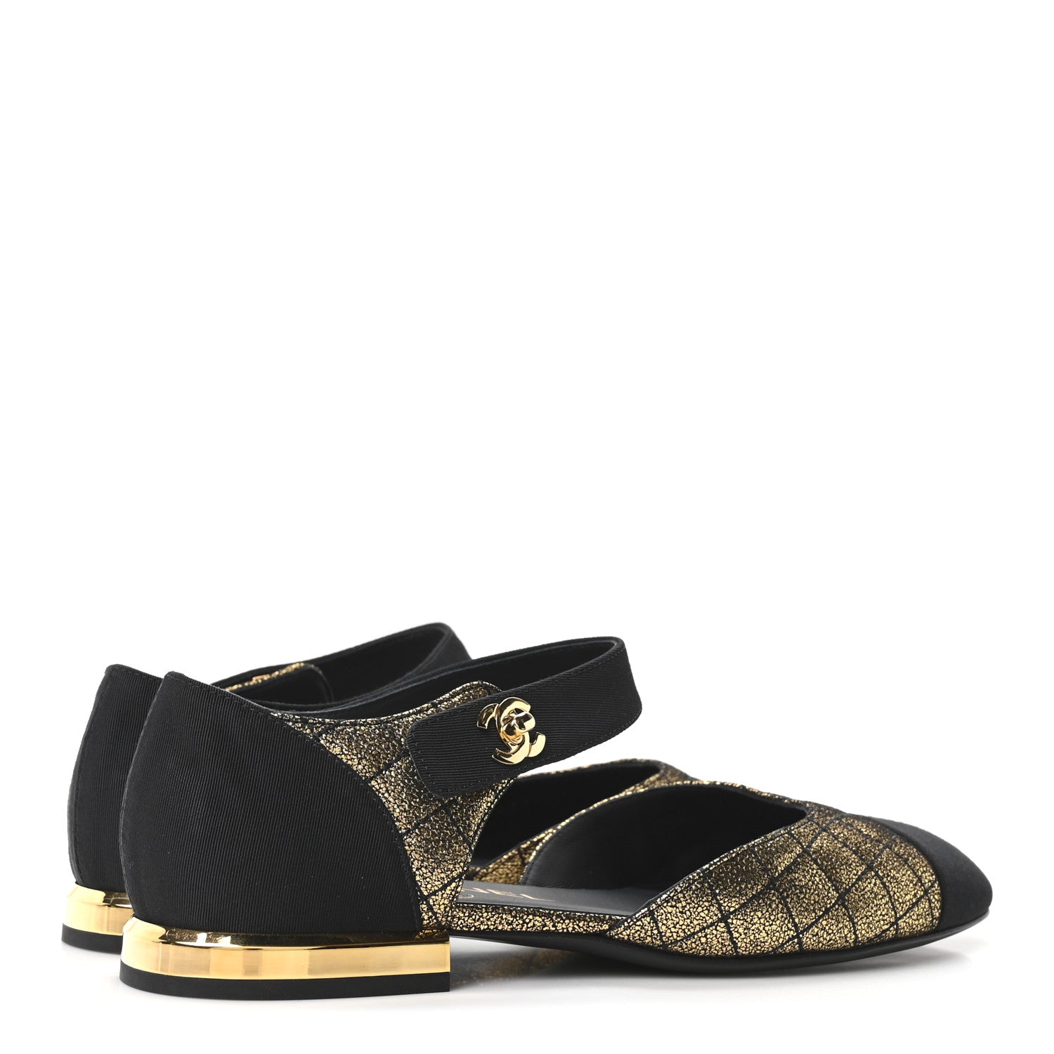 Chanel Laminated Suede Kidskin Grosgrain Quilted Cap Toe Ballerina Flats 36.5 Gold Black 10 of 20