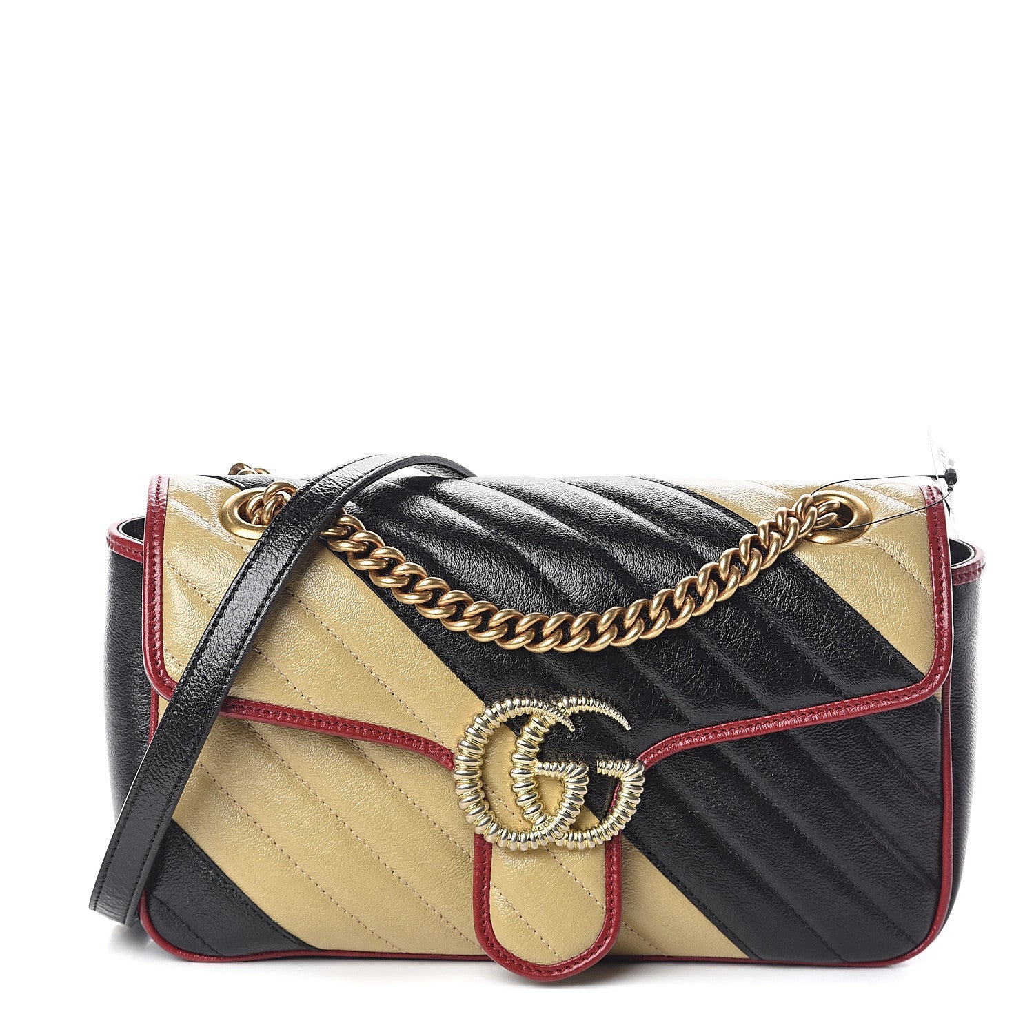 Gucci Vintage Effect Calfskin Matelasse Diagonal Striped Small Torchon GG Marmont Shoulder Bag Black Beige 1 of 7
