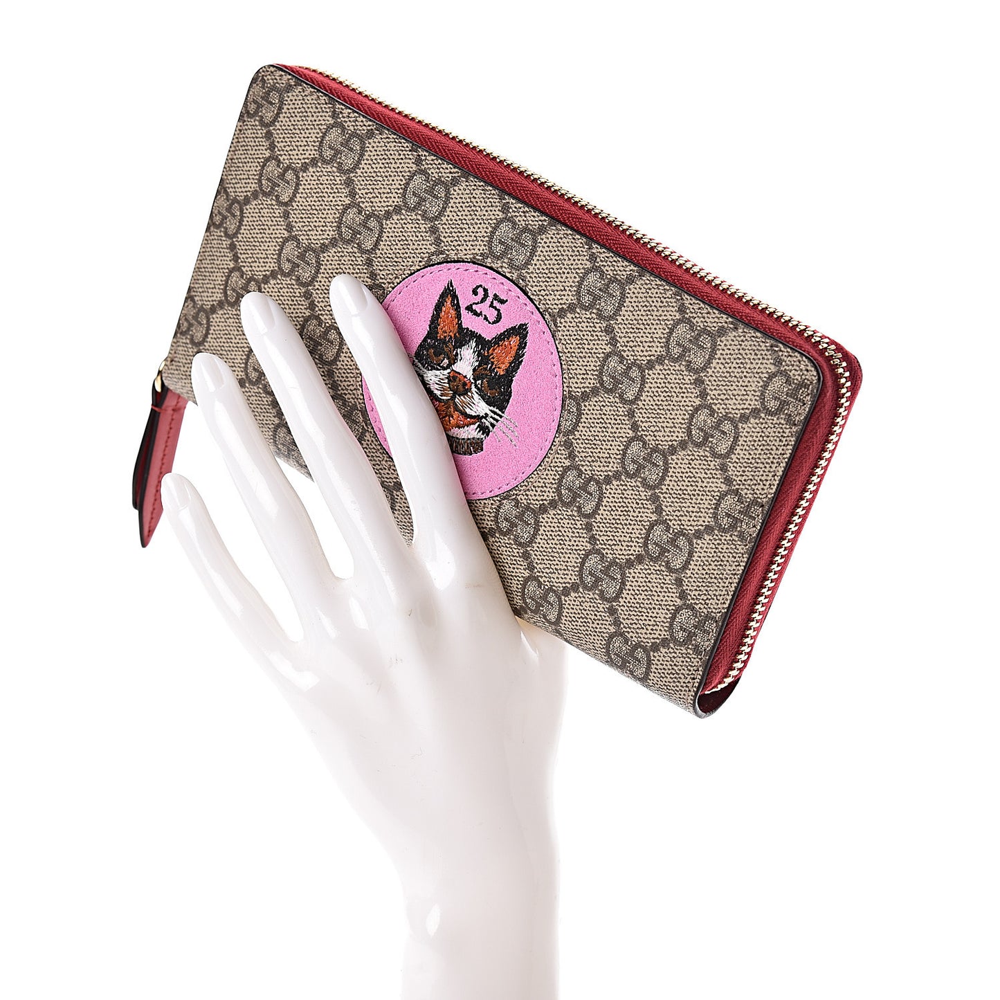GG Supreme Monogram Bosco Patch Zip Around Wallet Beige Malva Hibiscus Red