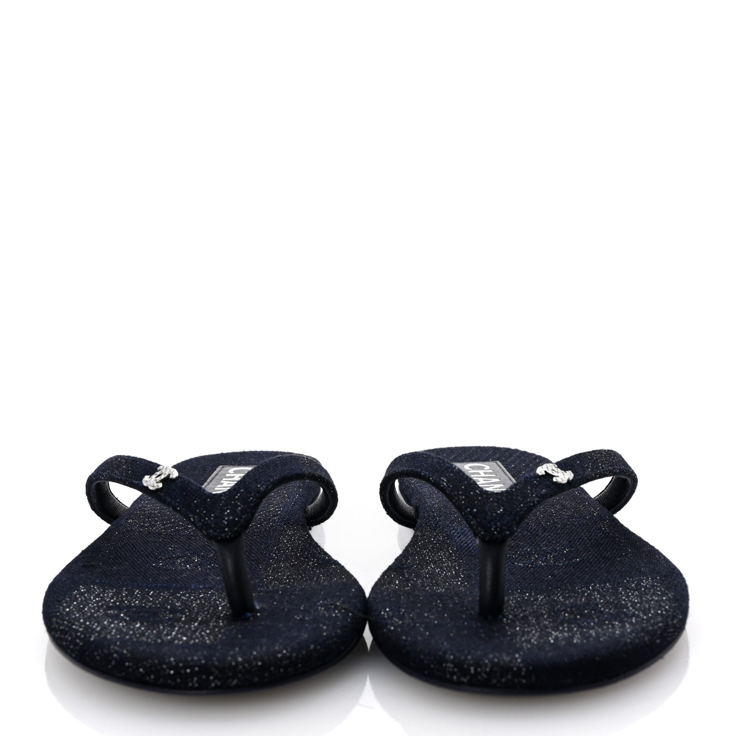 Chanel Cotton SIlk Crystal CC Thong Sandals 36.5 Dark Blue Silver 3 of 10