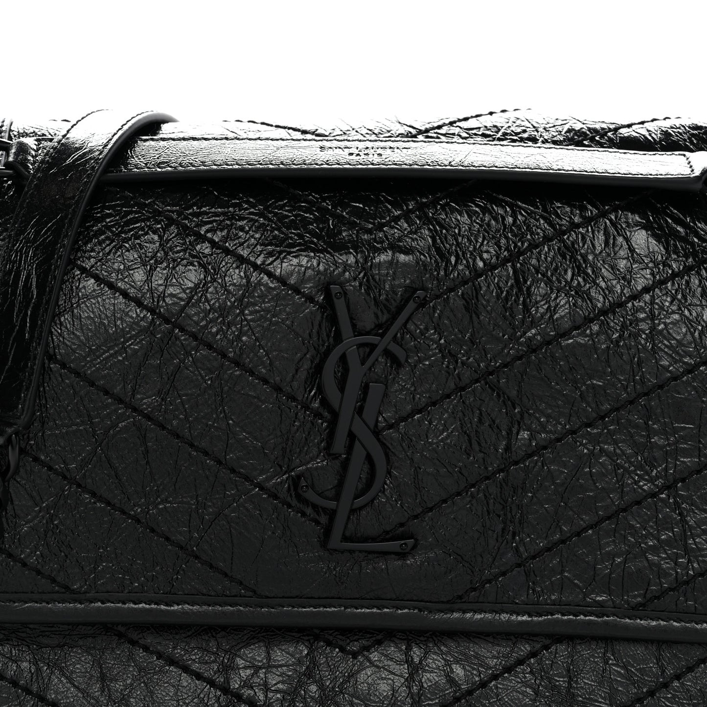 Crinkled Calfskin Matelasse Monogram Medium Niki Chain Satchel Black