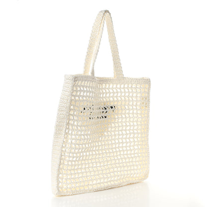 Prada Yarn Raffia Effect Crochet Logo Embroidered Tote Bag White 3 of 9