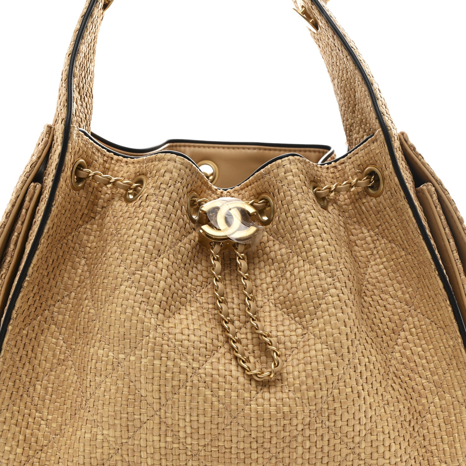 Chanel Braided Raffia Calfskin Small Chanel 25 Handbag Beige Black 9 of 11