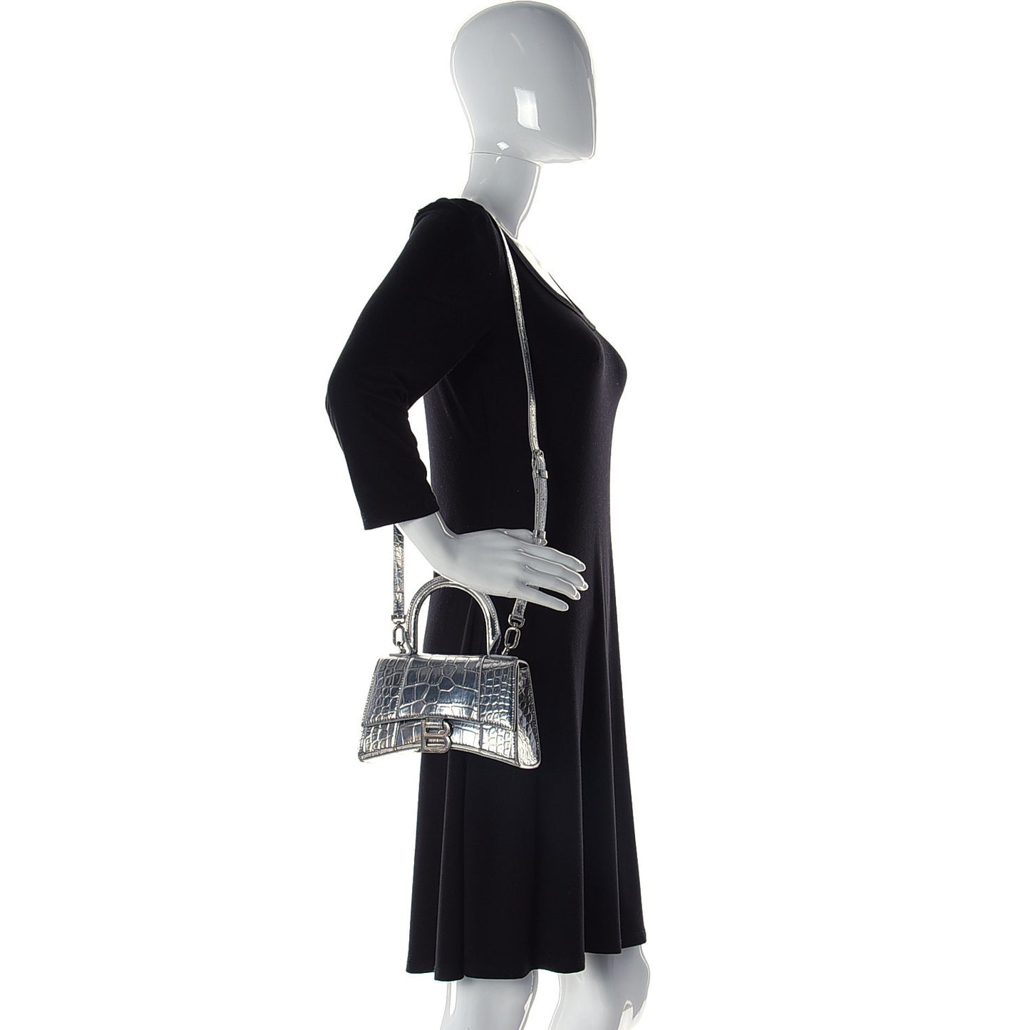 Metallic Calfskin Crocodile Embossed Hourglass Top Handle Bag XS Silver