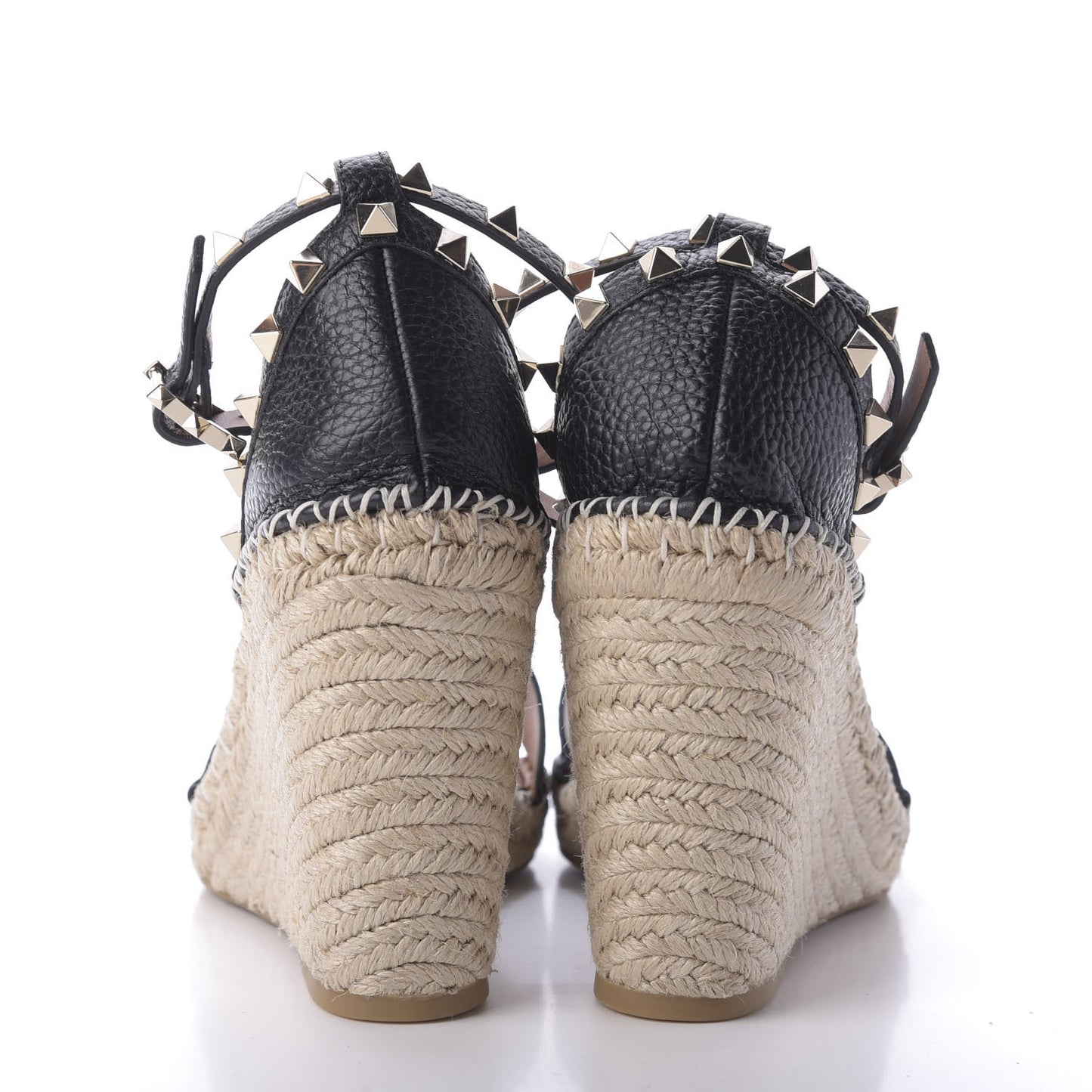 Grained Calfskin Rockstud Ankle Strap Espadrille 15/105mm Wedge Sandals 41 Black Light Cuir Natural