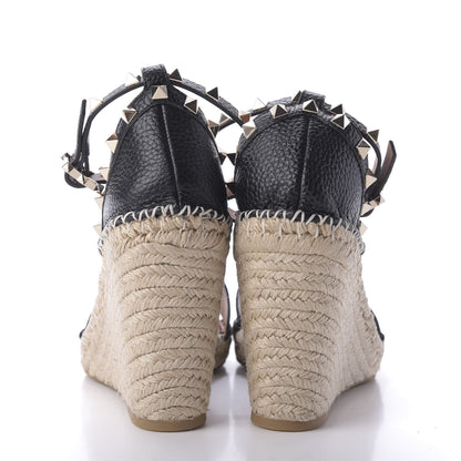 Valentino Garavani Grained Calfskin Rockstud Ankle Strap Espadrille 15/105mm Wedge Sandals 41 Black Light Cuir Natural 6 of 8