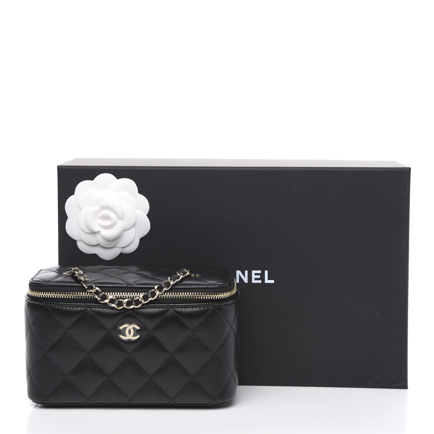 Lambskin Quilted Small Vanity Case With Chain Black