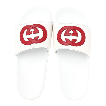 Gucci Nappa Miro Soft Calfskin Womens Interlocking G Slide Sandals 39 Great White Hibiscus Red 2 of 9