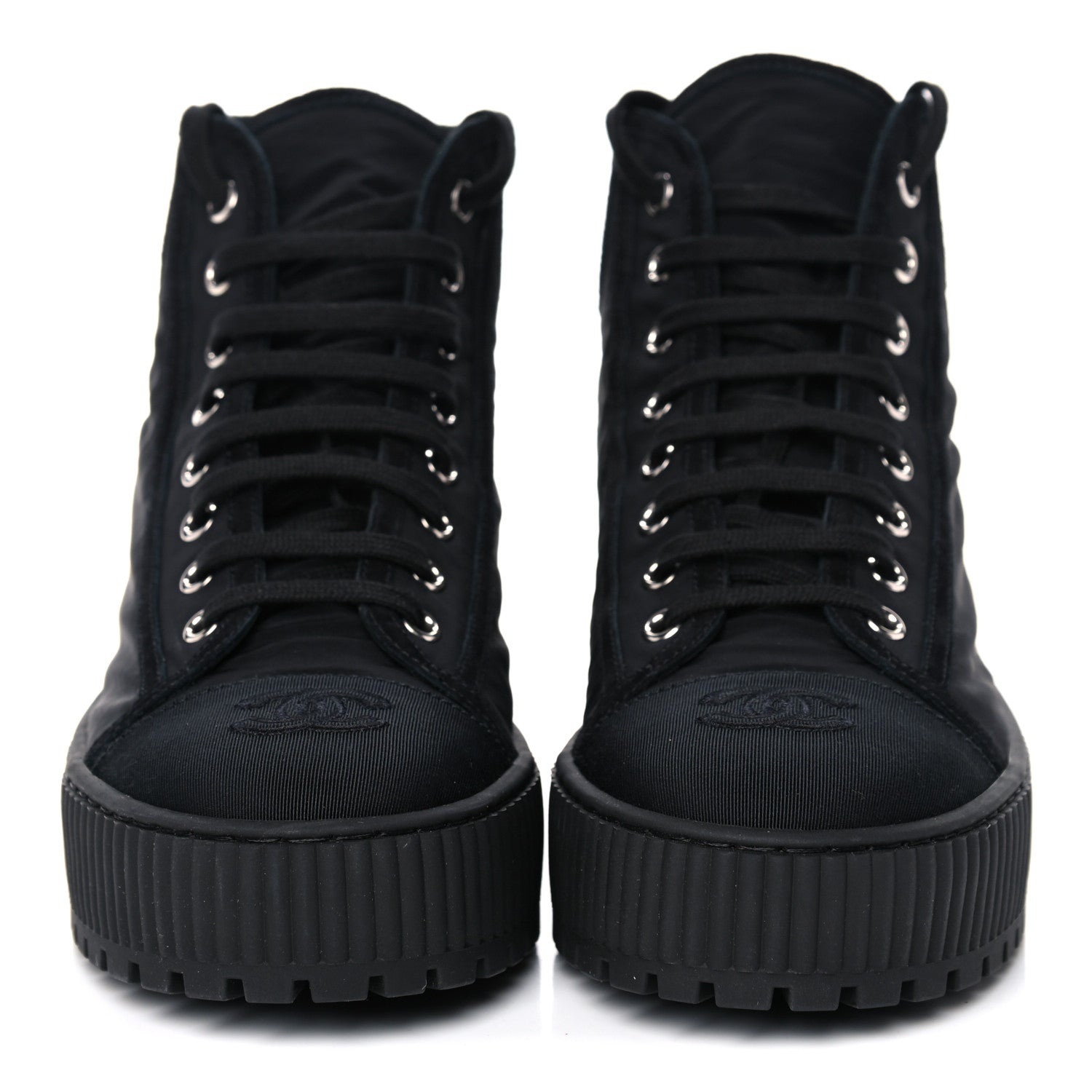 Chanel Fabric Suede Kidskin Grosgrain Lace Up Cap Toe Sneakers 38.5 Black White 2 of 9