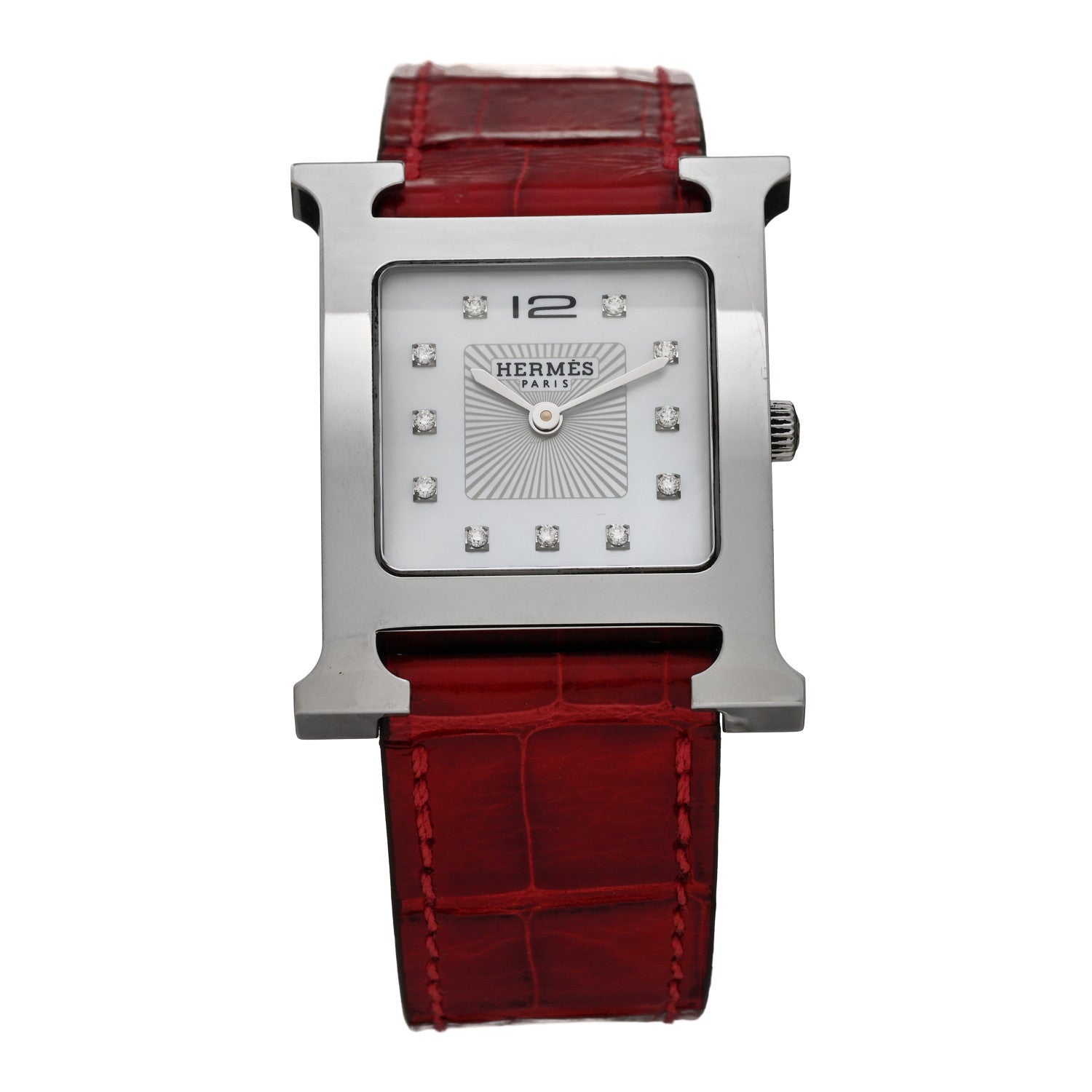 Hermes Stainless Steel Alligator Diamond Mother of Pearl 26mm Heure H Hour Quartz Watch Braise 1 of 4