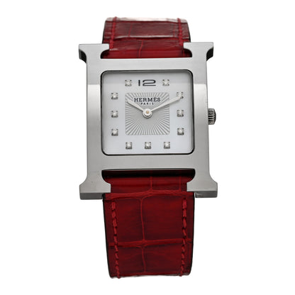 Hermes Stainless Steel Alligator Diamond Mother of Pearl 26mm Heure H Hour Quartz Watch Braise 1 of 4