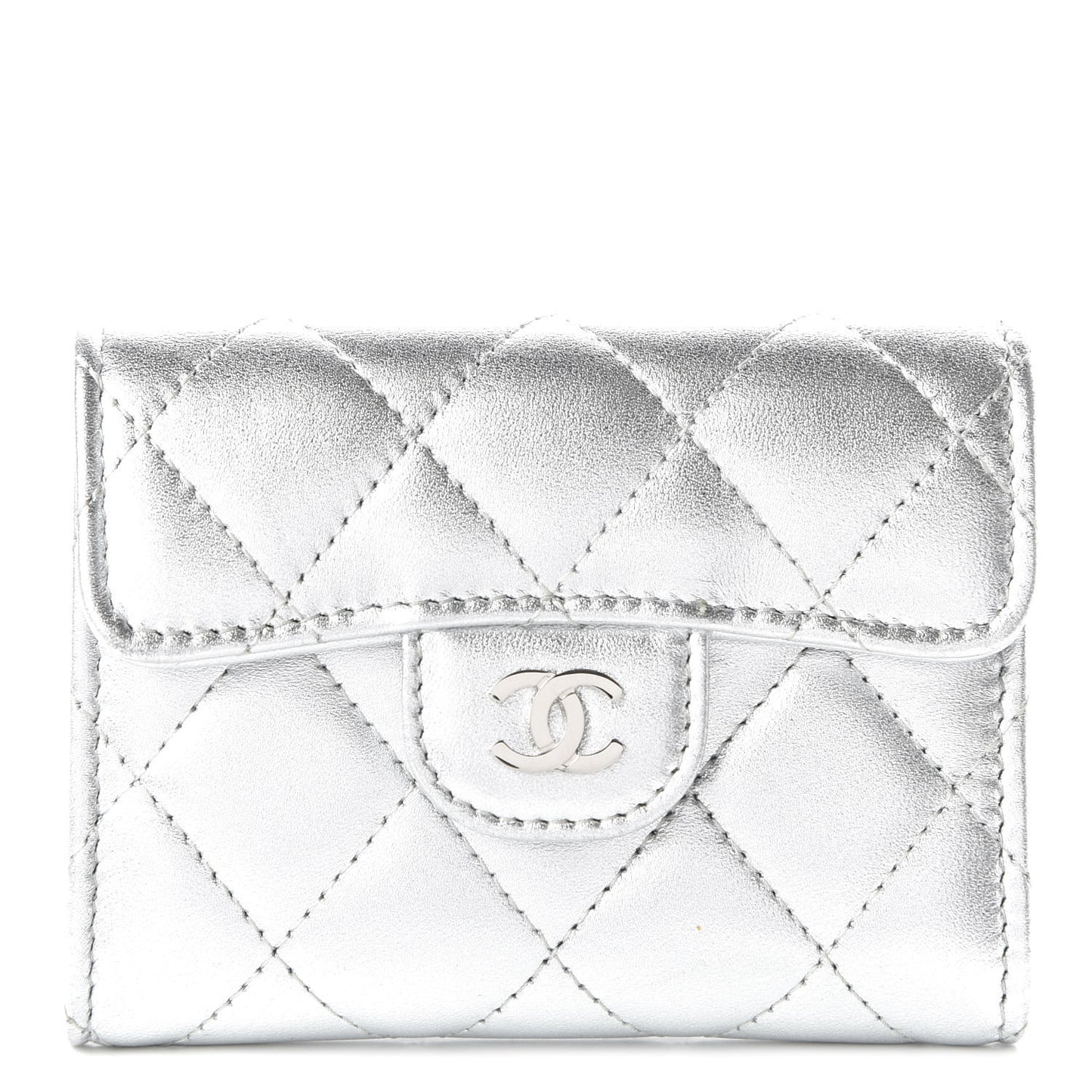 Metallic Lambskin Quilted Flap Card Holder Wallet Silver