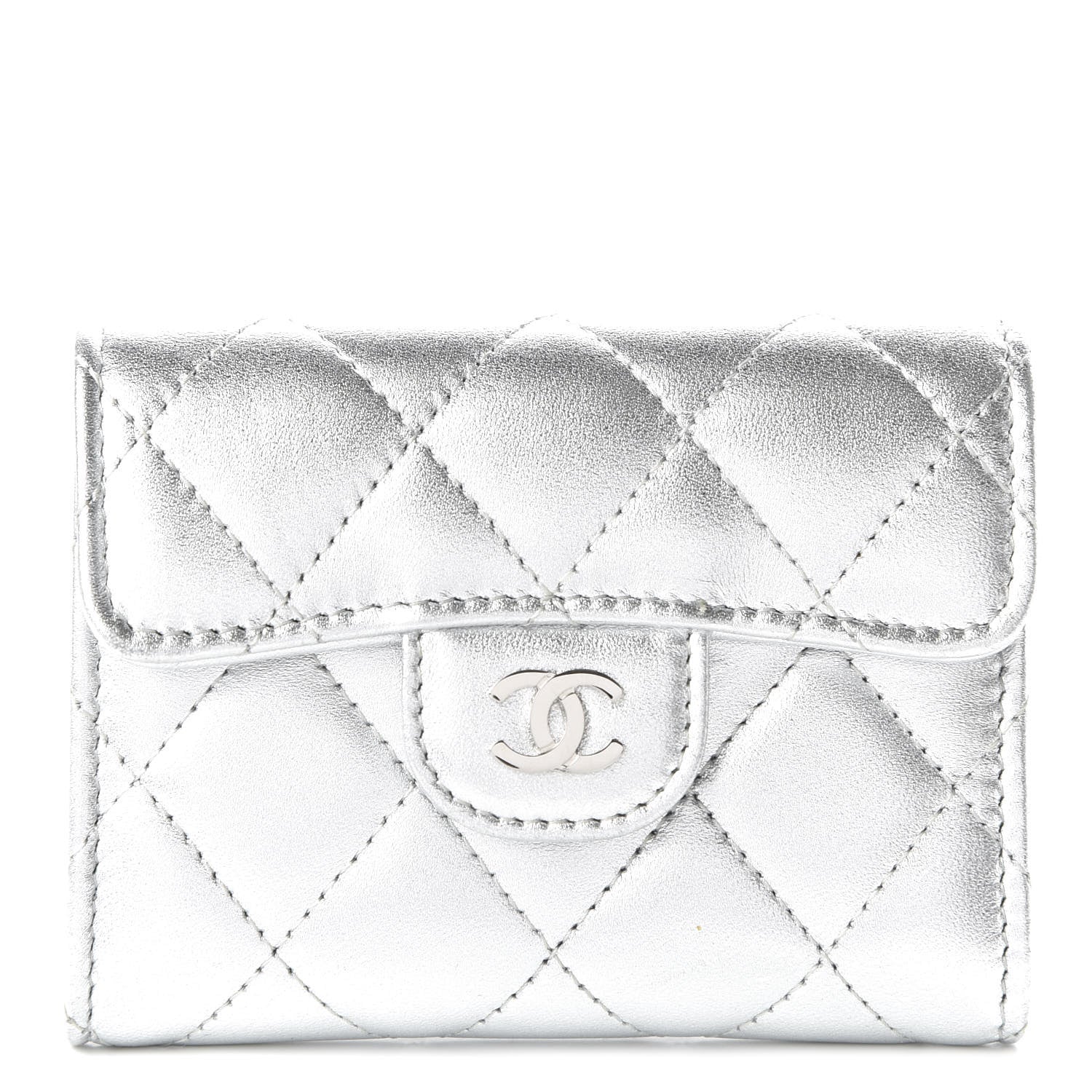 Chanel Metallic Lambskin Quilted Flap Card Holder Wallet Silver 1 of 11