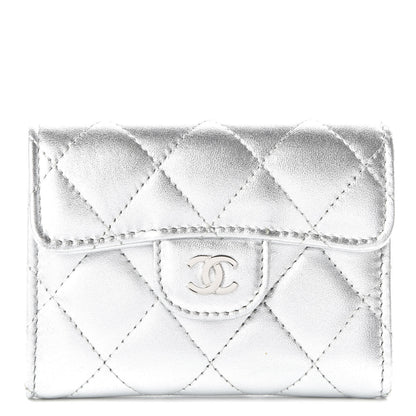 Chanel Metallic Lambskin Quilted Flap Card Holder Wallet Silver 1 of 11