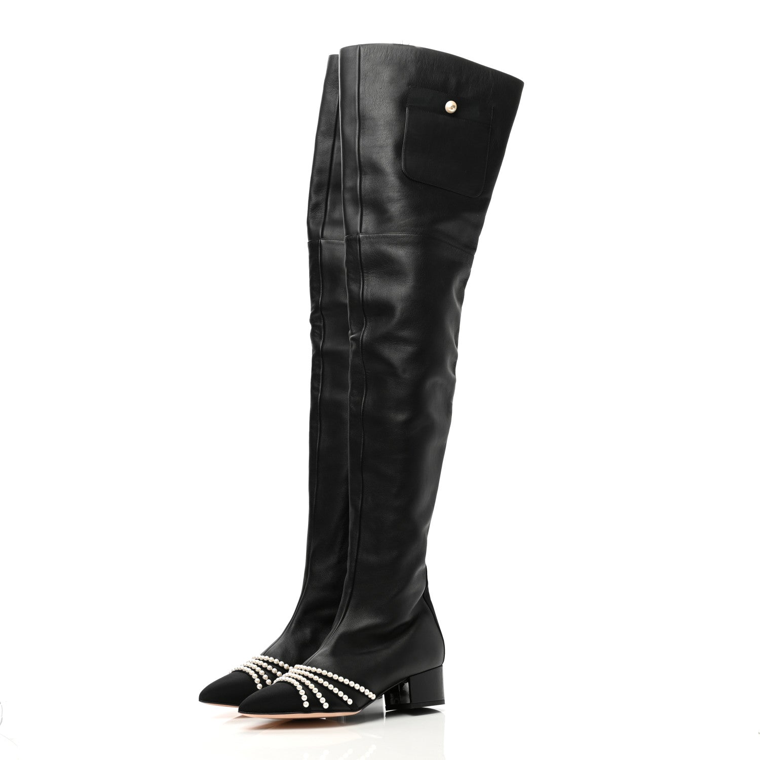 Chanel Lambskin Grosgrain Pearl Cap Toe High Boots 36 Black 3 of 8
