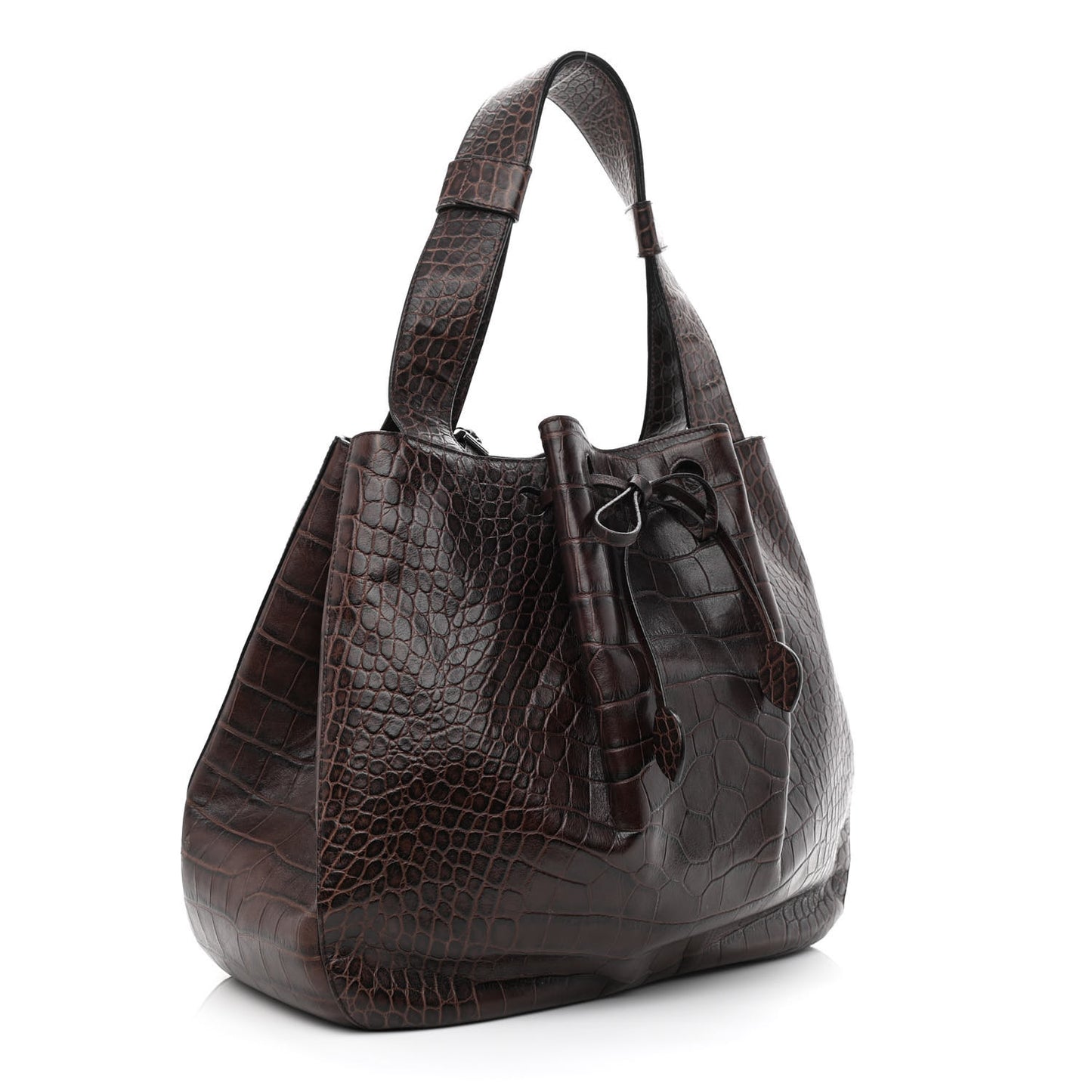 Calfskin Crocodile Embossed Bucket Bag Brown