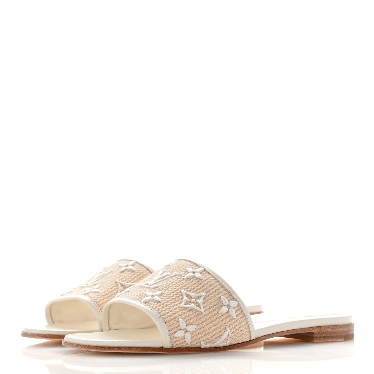 Louis Vuitton Raffia Calfskin Monogram By The Pool Revival Flat Mules 38 White 3 of 9