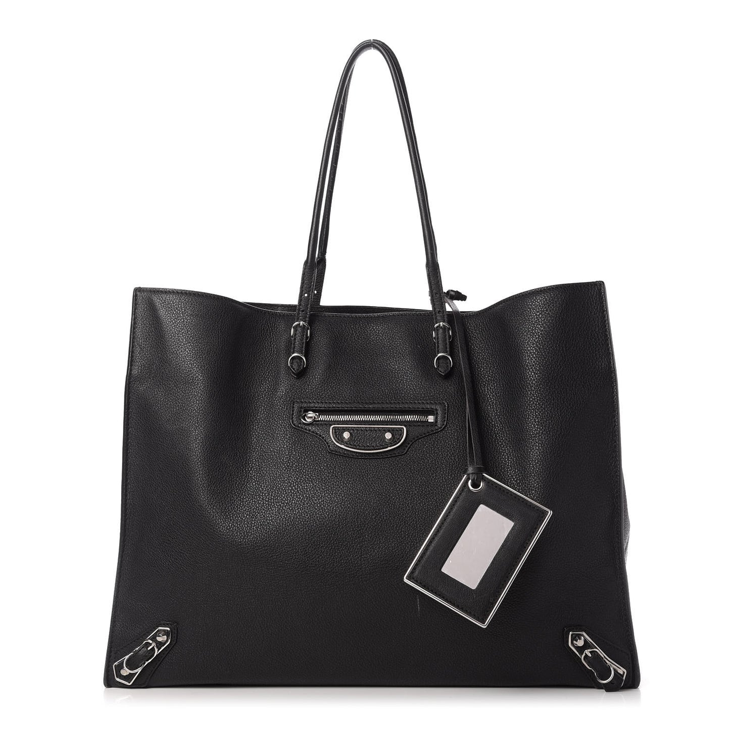 Grained Calfskin Silver Metallic Edge Hardware Papier A4 Tote Black