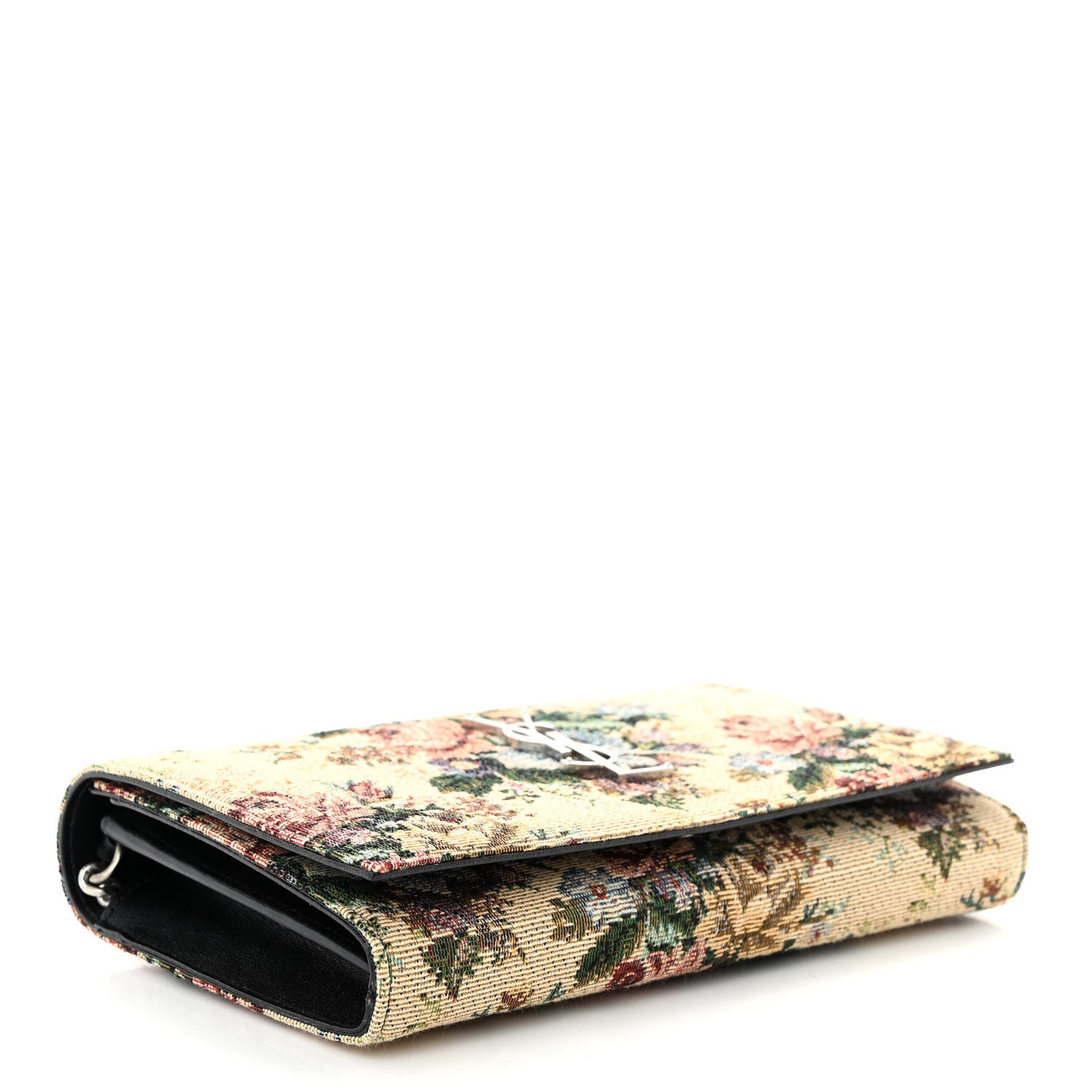 Saint Laurent Tapestry Bouquet Monogram Chain Wallet Beige Rogue Blue 4 of 9