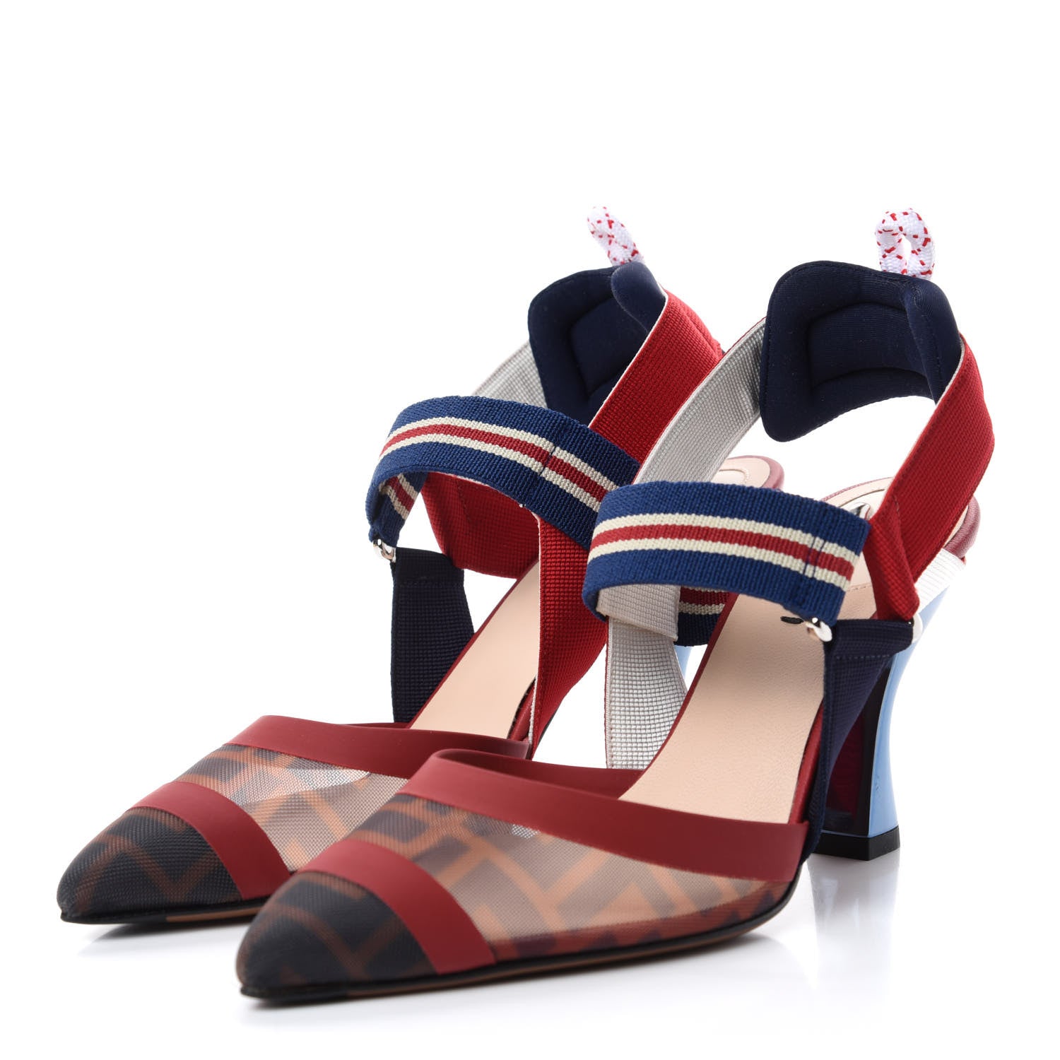 Fendi Technical Mesh FF Colibri 85mm Slingback Pumps 36 Tobacco Moro Zaffiro Ciliegia Rosso 3 of 10