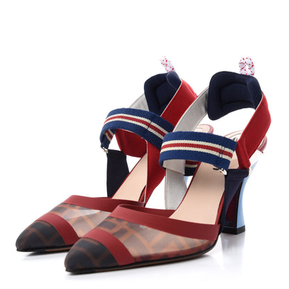 Fendi Technical Mesh FF Colibri 85mm Slingback Pumps 36 Tobacco Moro Zaffiro Ciliegia Rosso 3 of 10