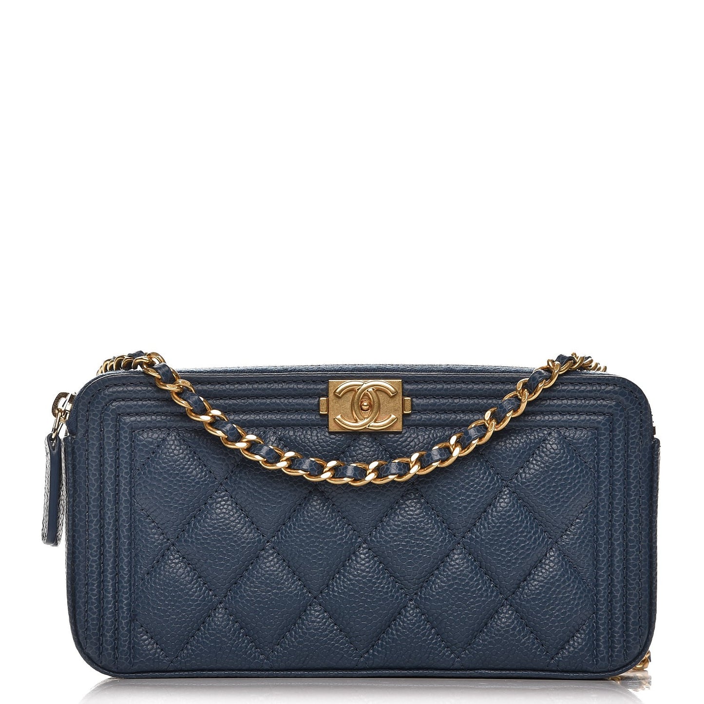 Caviar Quilted Small Boy Clutch With Chain Dark Blue