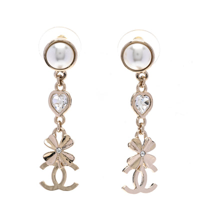 Chanel Crystal Pearl Shamrock CC Heart Drop Earrings Gold 1 of 5