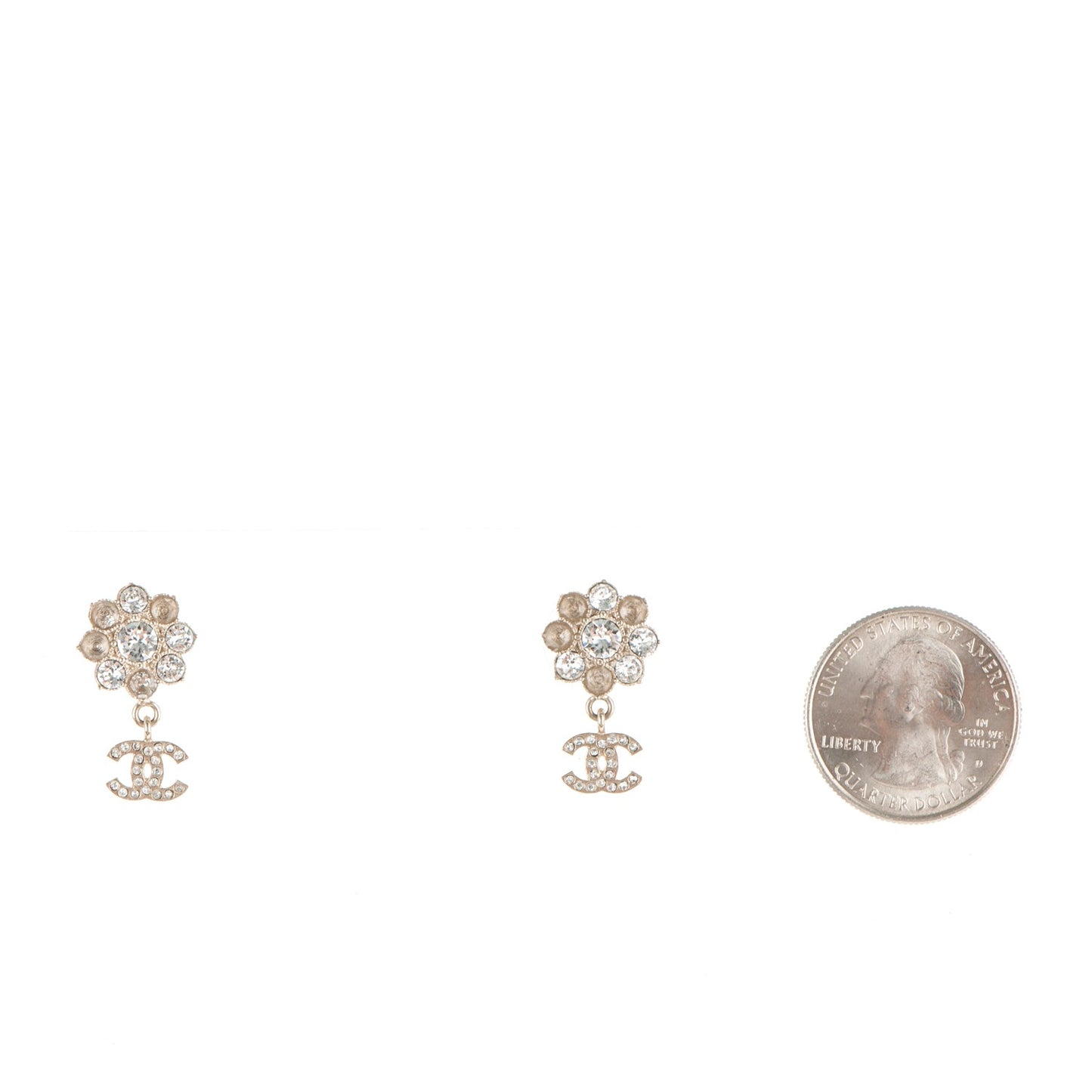 Crystal CC Flower Dangle Earrings Gold Beige