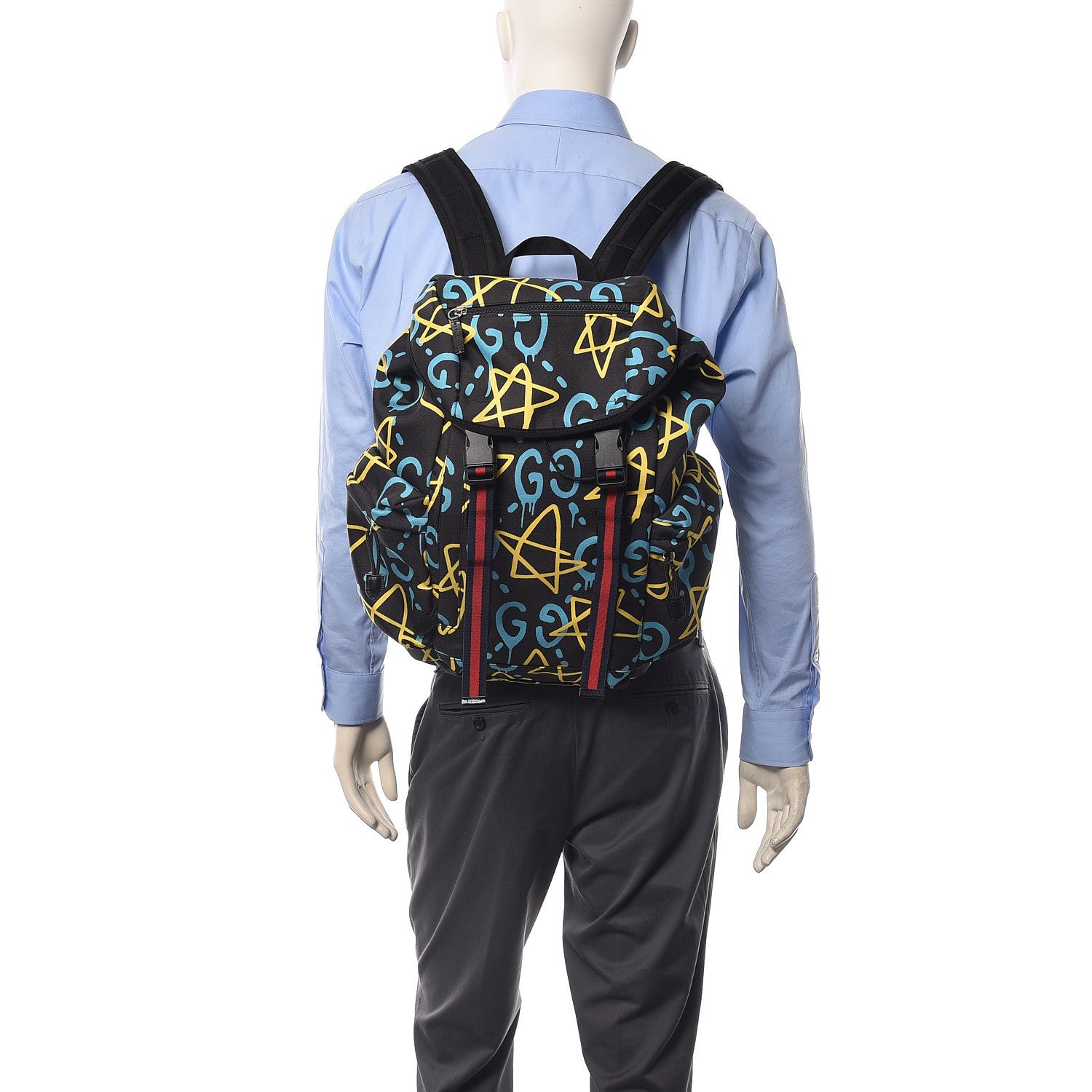 Gucci Techno Canvas GucciGhost Double Buckle Backpack Black New Acquamarine 2 of 9