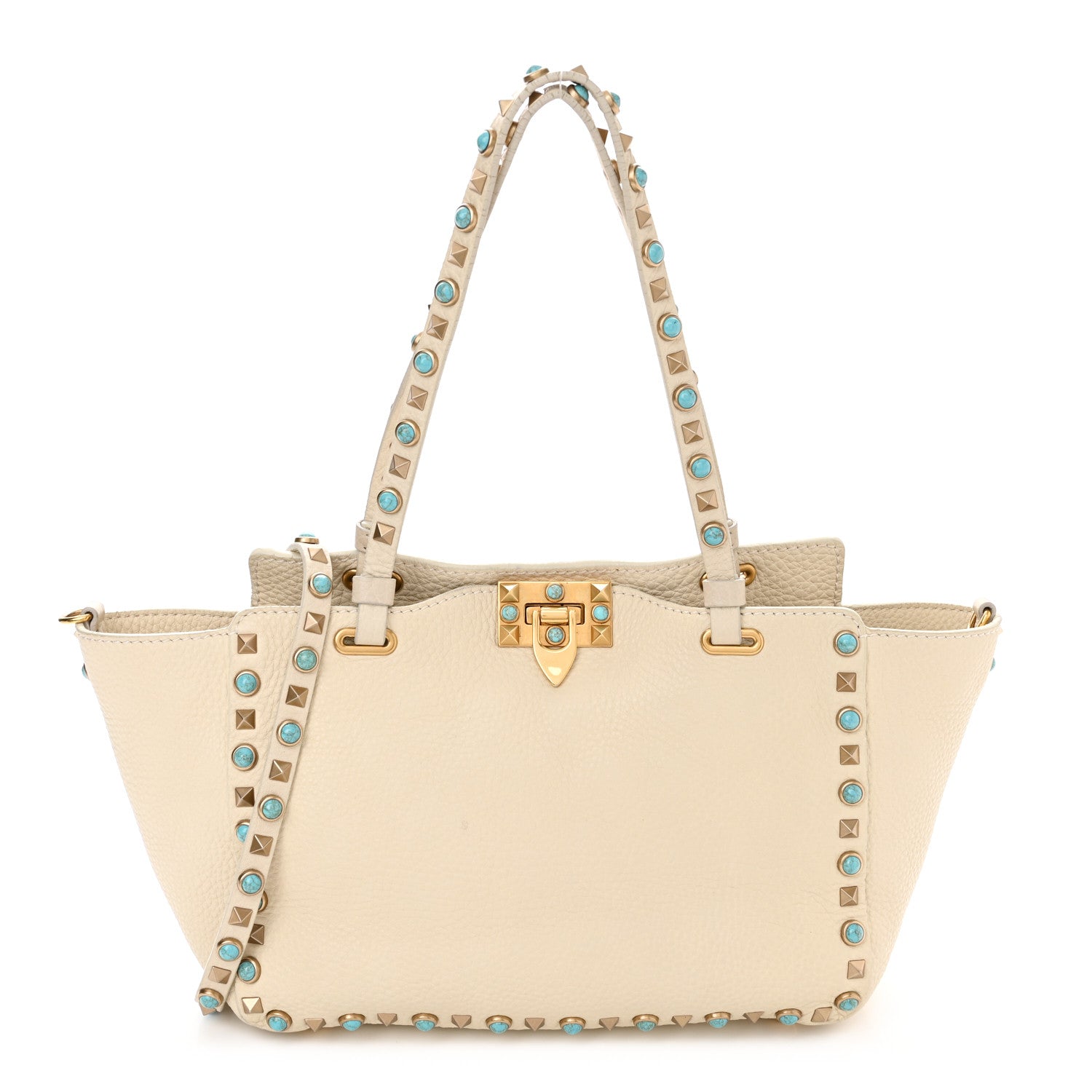 Valentino Garavani Grained Calfskin Turquoise Small Rockstud Rolling Tote Light Ivory 1 of 16