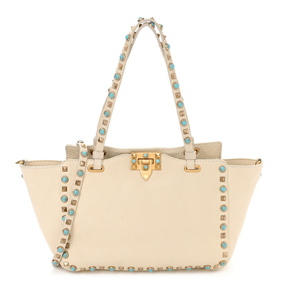 Valentino Garavani Grained Calfskin Turquoise Small Rockstud Rolling Tote Light Ivory 1 of 16