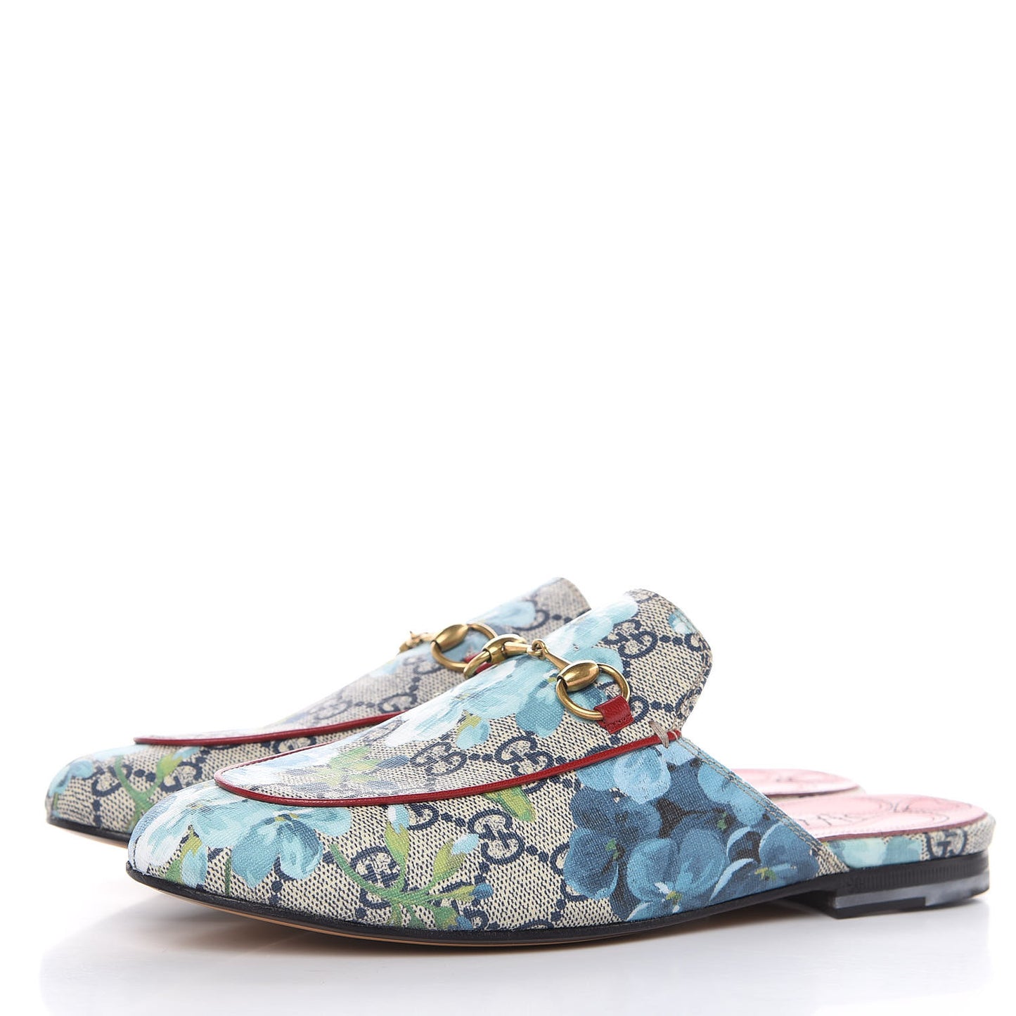 GG Supreme Monogram Blooms Womens Princetown Slippers 36.5 Beige Blue Navy Hibiscus Red