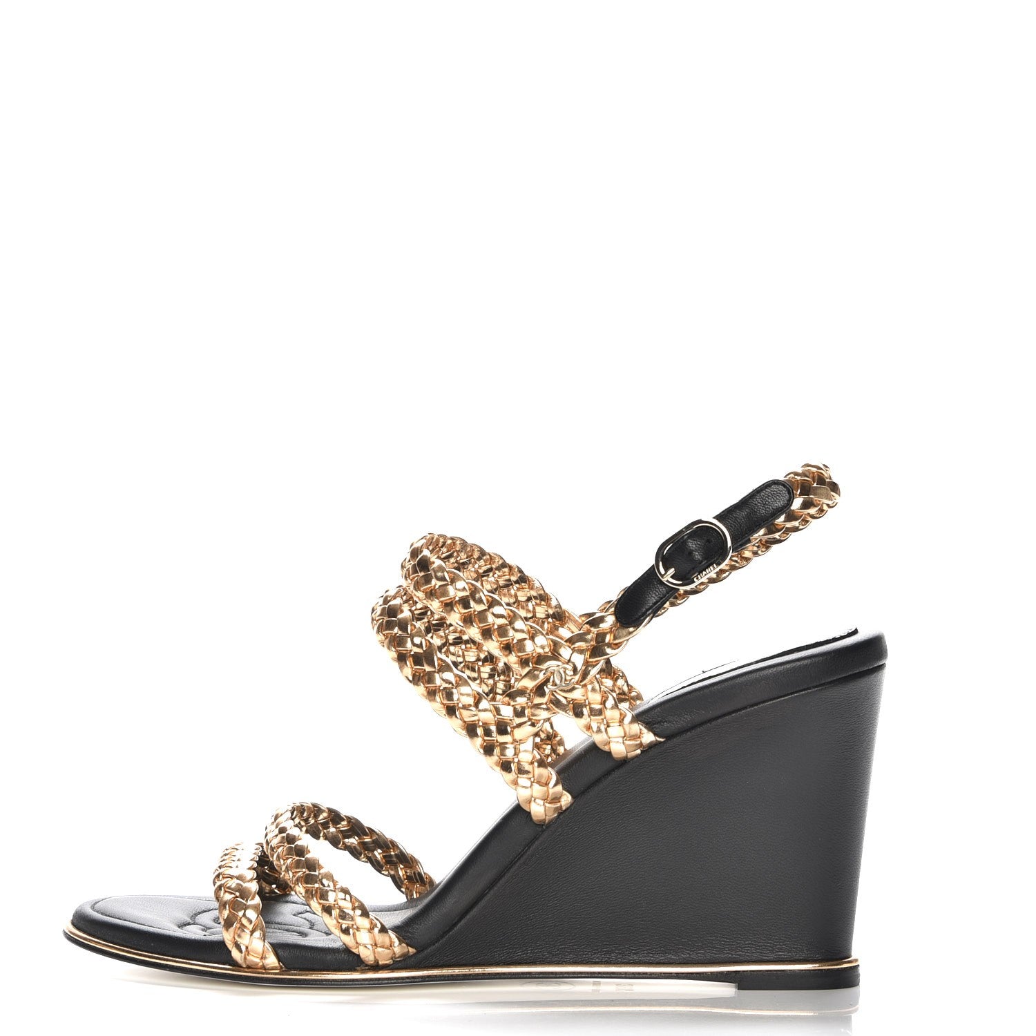 Chanel Metallic Calfskin Braided Wedge Sandals 39.5 Gold 1 of 7