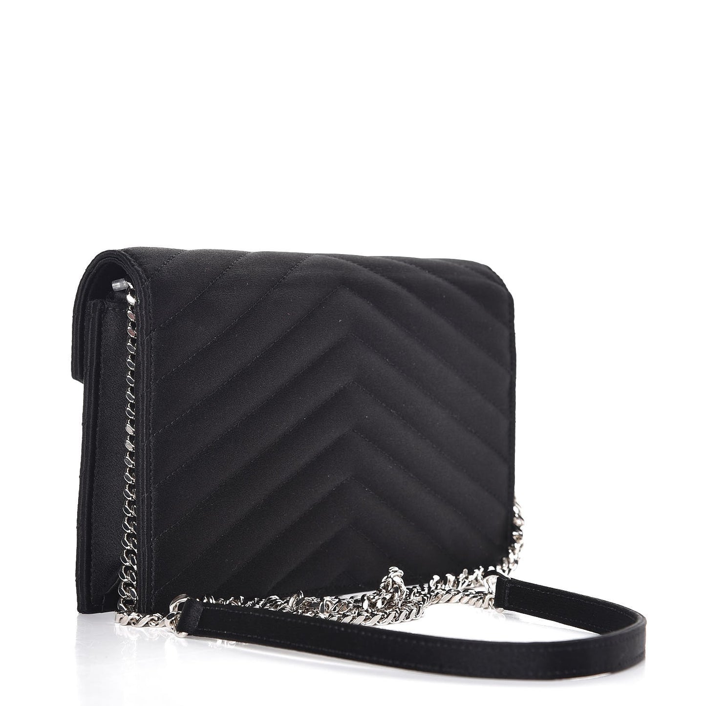 Satin Chevron Monogram Envelope Chain Wallet Black