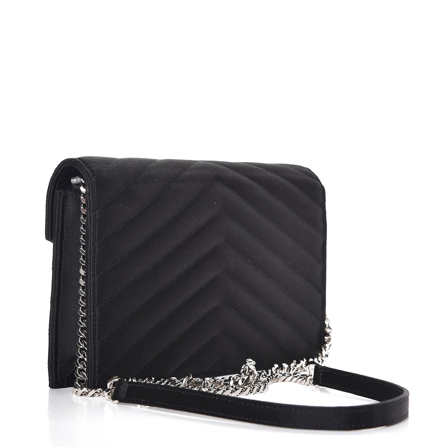 Saint Laurent Satin Chevron Monogram Envelope Chain Wallet Black 3 of 6