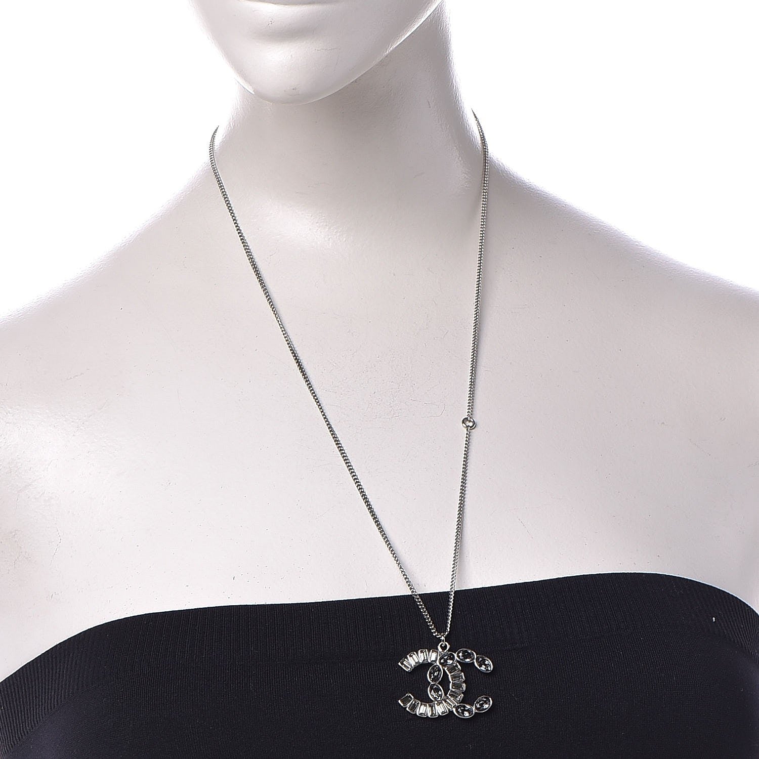 Chanel Baguette Crystal CC Pendant Necklace Silver 2 of 6