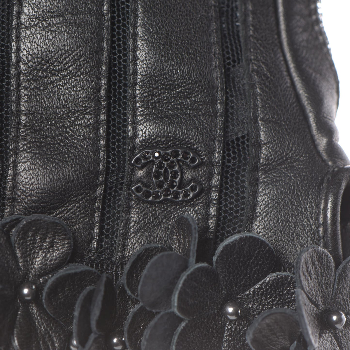 Lambskin Mesh Panel Camellia Fingerless Gloves 7 Black